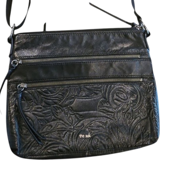The Sak Black Reseda Multii Zip Embossed Leaf Detail Crossbody Purse 11" x 9" - Picture 3 of 11